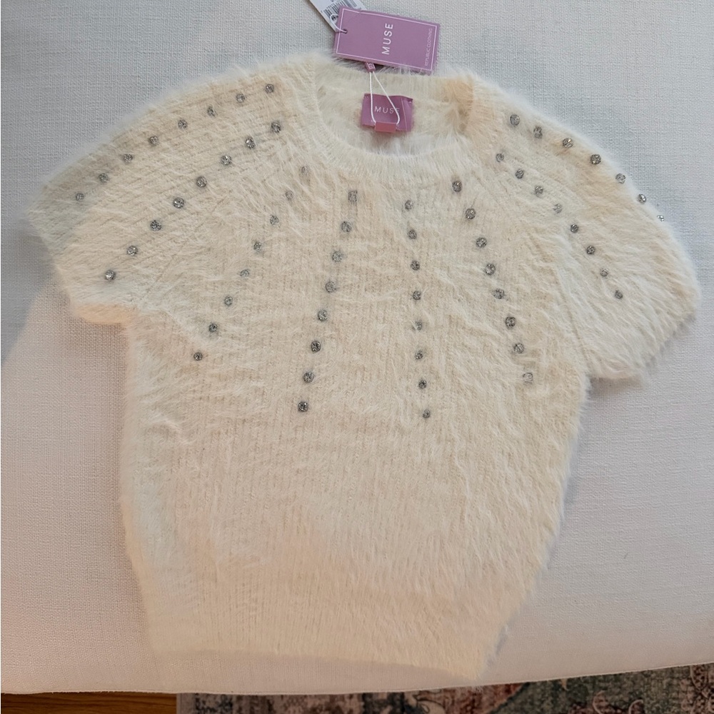 NWT Muse Ivory Eyelash Sweater with rhinestone embellishments, size S